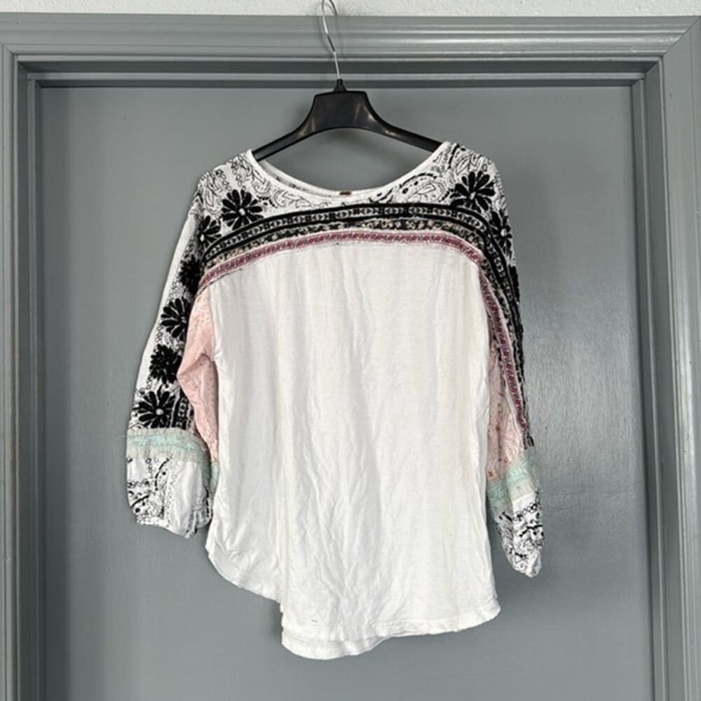 Free People Boho Floral Embroidered Women's 3/4 Sleeves Pullover Top sz XS